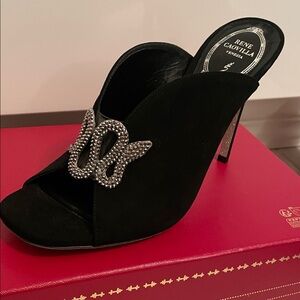 Rene Caovilla Black Crystal Snake Open-Toe Mule